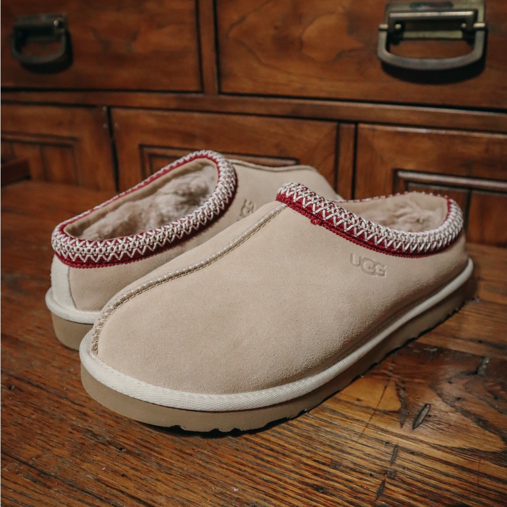 UGG Beige Suede Shearling Mule with Red Trim
